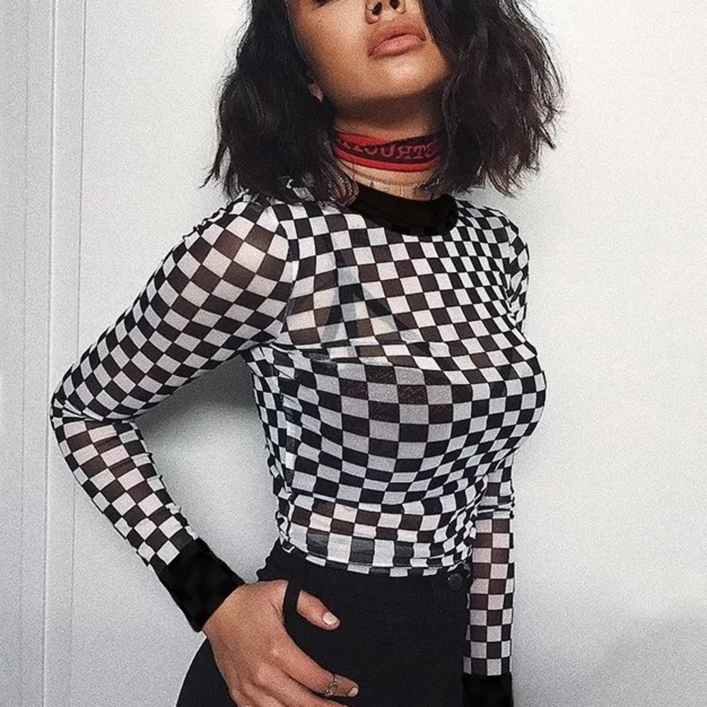 Checkered shirt mesh black and white crop top womens